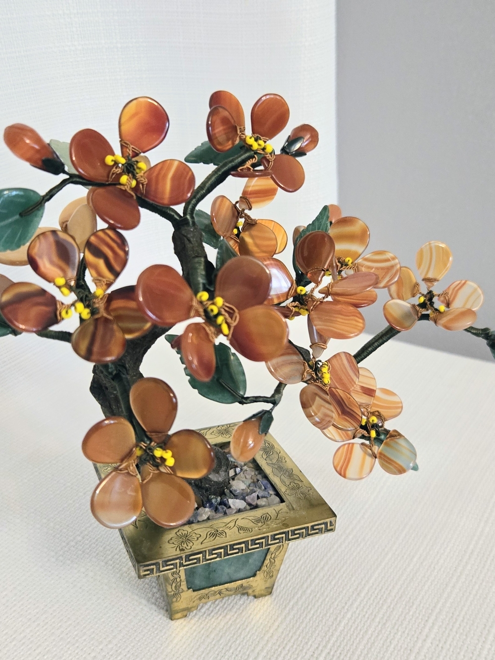 Gemstone Bonsai Tree Sculpture 7" Semi Precious Stones Brass Pot